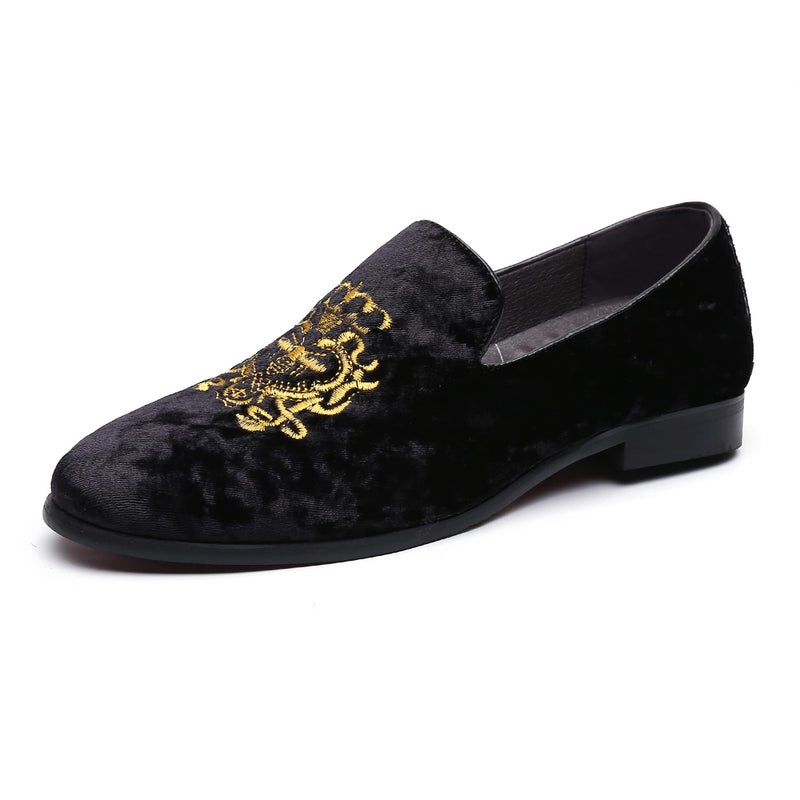 FLQL Velvet Embroidery Noble Loafer Shoes Slip-On Loafer Smoking Slipper Size 10 Black - Image 1
